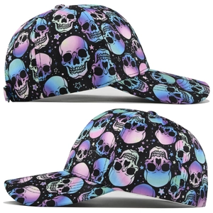 Detailed view of skull baseball cap with purple and blue gradient patterns