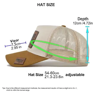 Adjustable mesh trucker hat with cow leather patch and size chart for outdoor sun protection