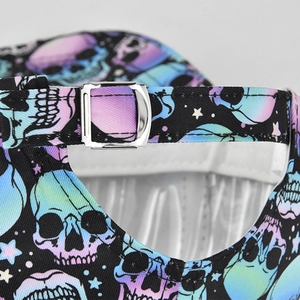 Detail of adjustable metal buckle and gradient skull print on black baseball cap