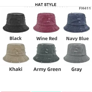 Six colors of washed cotton bucket hats featuring distressed frayed edges and holes