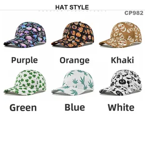 Selection of six themed baseball caps featuring skull and Halloween pumpkin print designs