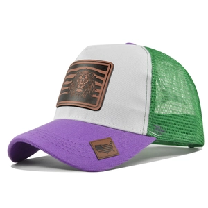 Detailed close-up of lion head leather patch on a multi-color mesh trucker baseball cap