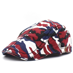 Men's camouflage newsboy cap with red, blue, and white pattern and metal buckle