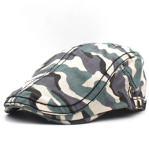 Detailed side view of camouflage flat cap showing metal adjustable buckle and stitching