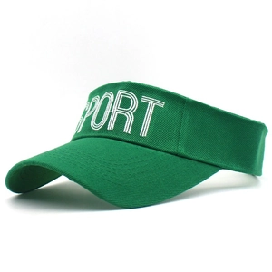 Close-up of green cotton sun visor featuring white SPORT embroidery for outdoor sports