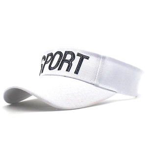 Detailed view of white cotton sun visor with black SPORT embroidery and premium texture