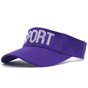 Detailed embroidery of white SPORT letters on dark purple sun visor for tennis and golf