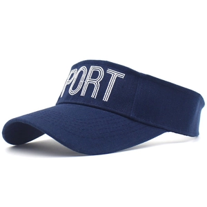 Close-up of navy blue sport visor featuring white embroidered SPORT text and stitched brim
