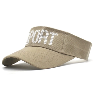 Detail view of khaki sports sun visor with SPORT white embroidery and stitching