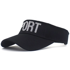 Close-up of white SPORT embroidery on black cotton sun visor for outdoor sports