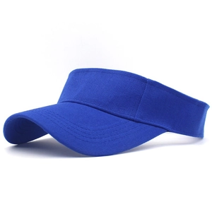 Macro detail of blue cotton sun visor showing twill fabric and reinforced brim stitching