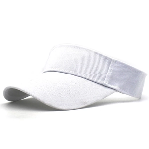 Detailed side view of white cotton sun visor hat with adjustable strap and open top