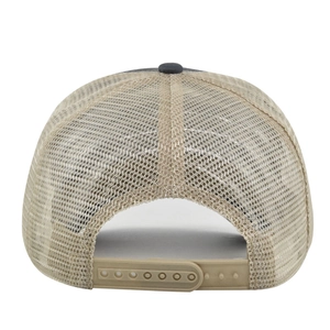 Rear view of mesh trucker hat showing adjustable snapback closure and khaki netting