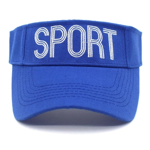 Blue sport sun visor hat for women with embroidered white sport lettering and cotton texture