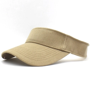 Detail of khaki cotton visor hat with wide curved brim and parallel decorative stitching