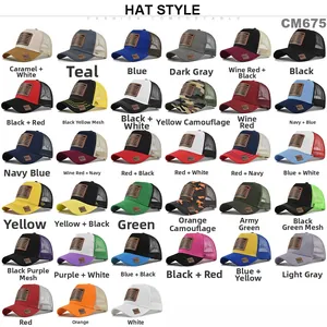 Grid of 27 mesh trucker hats featuring leather eagle patches in various colors