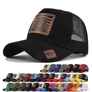 Retro Lion Head Leather Patch Trucker Hat Mesh Baseball Cap Adjustable Sun Shade Curved Brim Outdoor Cap For Men Women