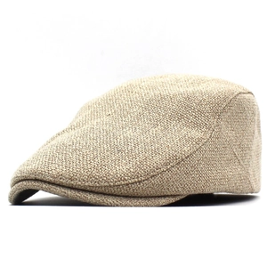 Classic beige cotton linen flat cap with breathable woven texture for men's outdoor wear