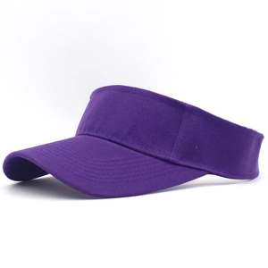 Detail view of purple cotton sun visor with reinforced stitching on the curved brim