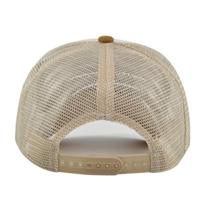 Close-up of the breathable mesh back and adjustable snapback closure on a trucker hat