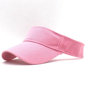 Detail view of pink cotton sun visor showing twill fabric texture and reinforced double stitching