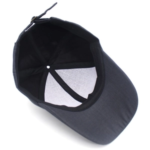 Internal view of a men's dark grey cotton baseball cap with adjustable metal buckle strap