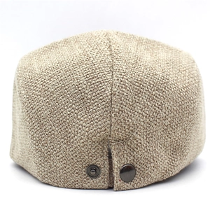 Classic linen-textured beret hat for men featuring adjustable metal buttons on the back
