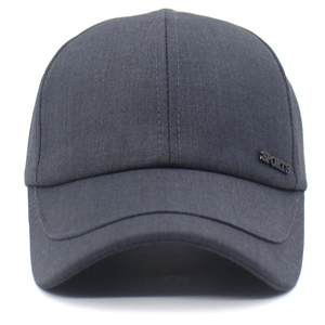 Men's dark grey cotton baseball cap with curved brim and rectangular metal Sports badge