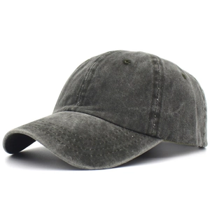 Detailed close-up of charcoal grey washed cotton baseball cap texture and stitching
