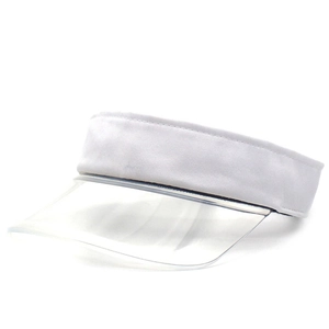 Detail view of white open-top visor cap featuring transparent PVC brim and cotton fabric