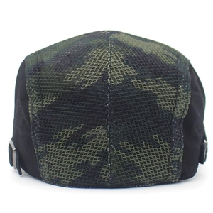Close-up of camouflage mesh sun hat with metallic buckle adjustment and jungle pattern