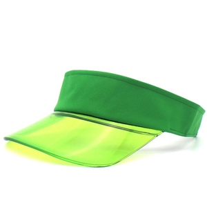 Detail showing the green translucent plastic brim and matching fabric headband of the sun visor