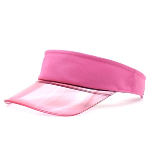 Detail of pink PVC sun visor with breathable twill fabric and transparent brim for women