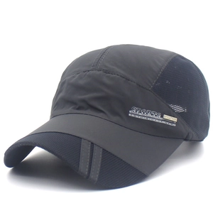 Detail of dark gray baseball cap featuring side sports print and breathable mesh back