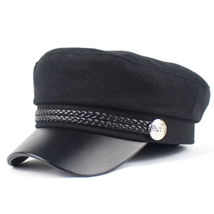 Women Vintage Baker Boy Hat Black Cotton PU Leather Brim Newsboy Cap Braided Rope Metal Button Retro Fiddler Flat Top Hat
