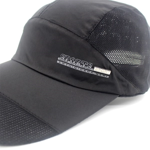 Detail of black quick-dry sports cap featuring breathable mesh panels and SPORTS logo