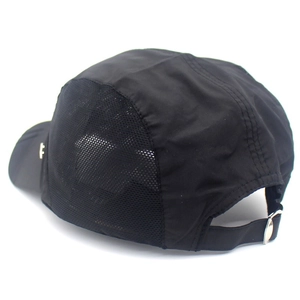 Detail of quick-dry baseball cap featuring breathable mesh panels and metal buckle strap