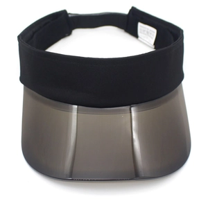 Women's black PVC visor hat with transparent grey brim and fabric headband for sun protection