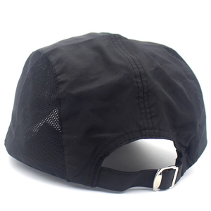 Detail of adjustable metal buckle and breathable mesh fabric on black sports cap