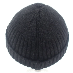 Classic black ribbed knit beanie hat with a wide folded cuff for winter warmth