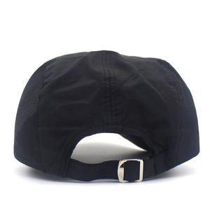 Detail view of the breathable mesh back and silver adjustable buckle on the black sport cap