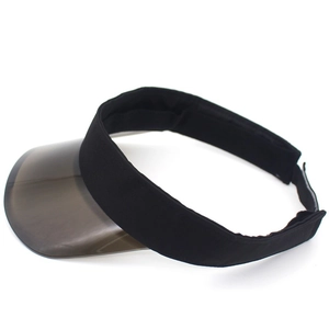 Outdoor PVC sun visor hat with black elastic headband and translucent grey curved brim