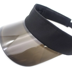 Close-up of black ribbed fabric strap and dark grey translucent sun visor brim
