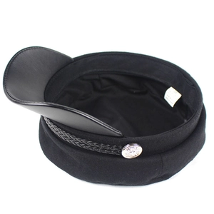 Classic black baker boy hat with faux leather visor and braided rope with silver button detail