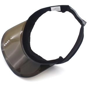 Detail of the brown PVC visor and black elastic headband with interior washing label