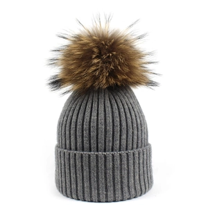Gorro de Invierno de Lana de Alpaca de Punto para Mujer Niños Con Pompon de Piel de Mapache Real Canalé Cálido Outdoor