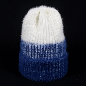 Women Faux Mink Fur Two Tone Knit Beanie Hat Winter Warm Color Block Rolled Edge Skull Cap For Outdoor Daily Wear