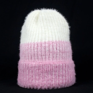 Women's faux mink fur knit beanie in white and pink two-tone style for winter warmth