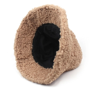 Women's warm teddy fleece bucket hat in brown khaki color for casual winter style