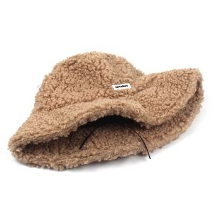 Khaki faux lamb wool bucket hat for women with adjustable inner drawstring and logo patch